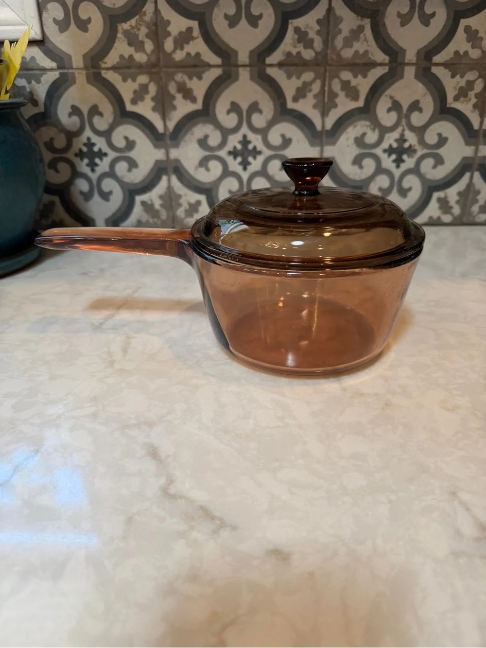 1980s Corning/ Pyrex Visions Cook Ware Amber Brown Glass 1L Pour Sauce Pan w/lid